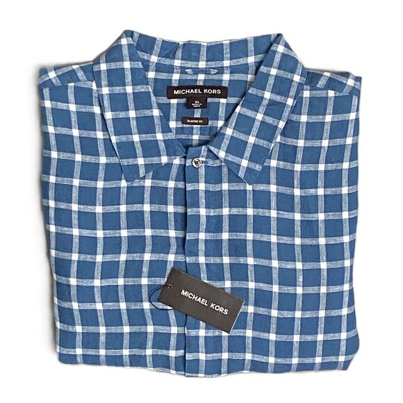 Michael Kors Men's XL Classic Fit Linen Shirt Blue Check Long Sleeve NEW - Picture 1 of 12